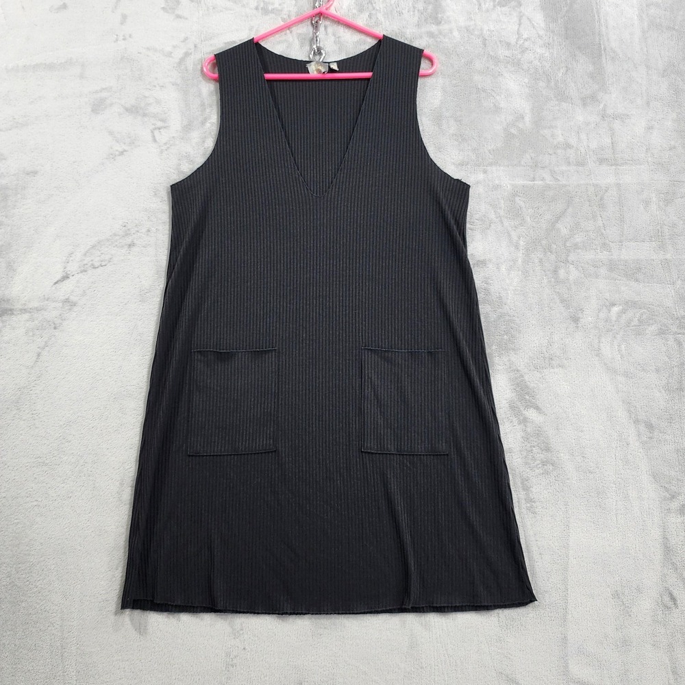 Dual Nature Dress Womens M Black Ribbed Sleeveless V-Neck Shift Pockets Casual